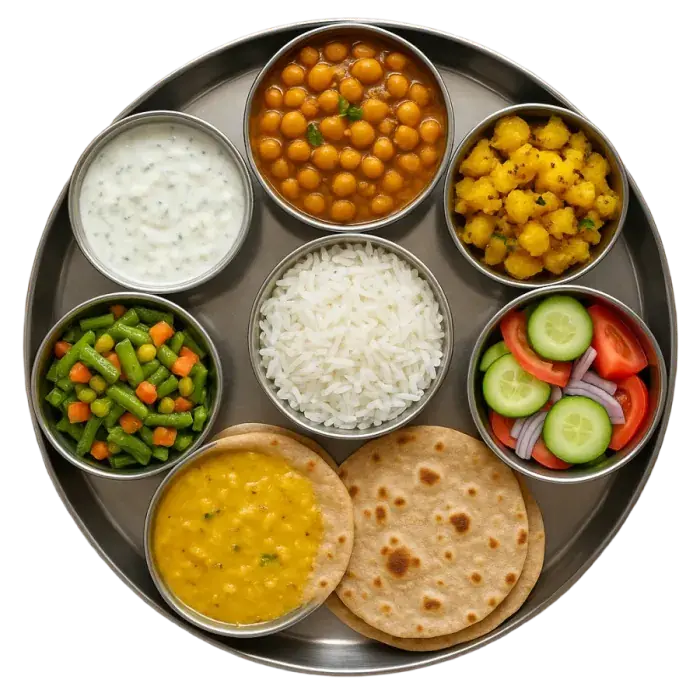 Full Indian home-food thali — roti, dal, rice, sabzi