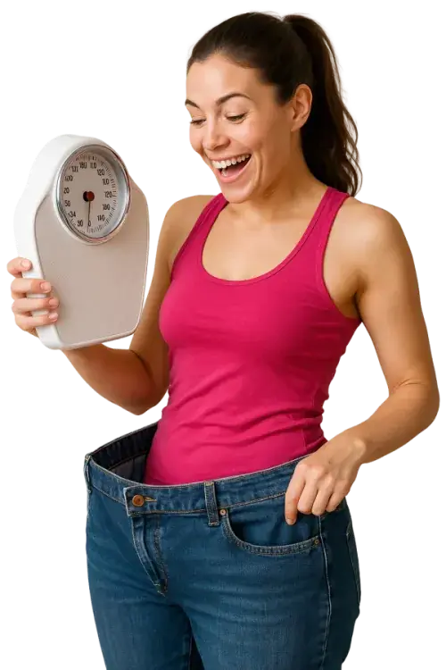 Woman showing weight-loss progress in loosened jeans